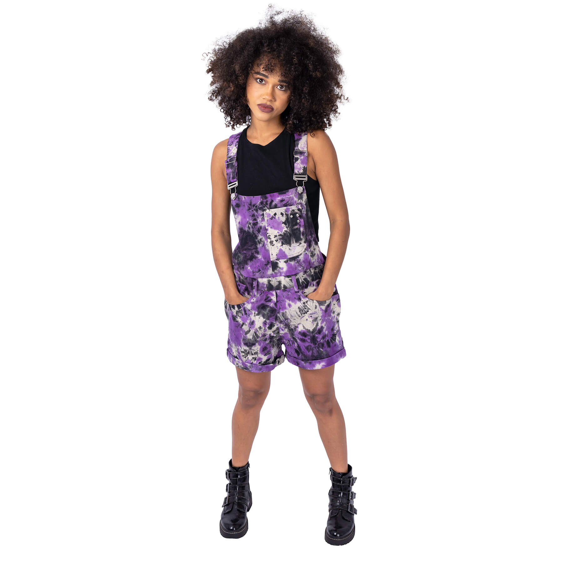 Vixxsin Purple Tie Dye Meadow Dungarees Shorts | Alternative Gothic Festival Playsuit