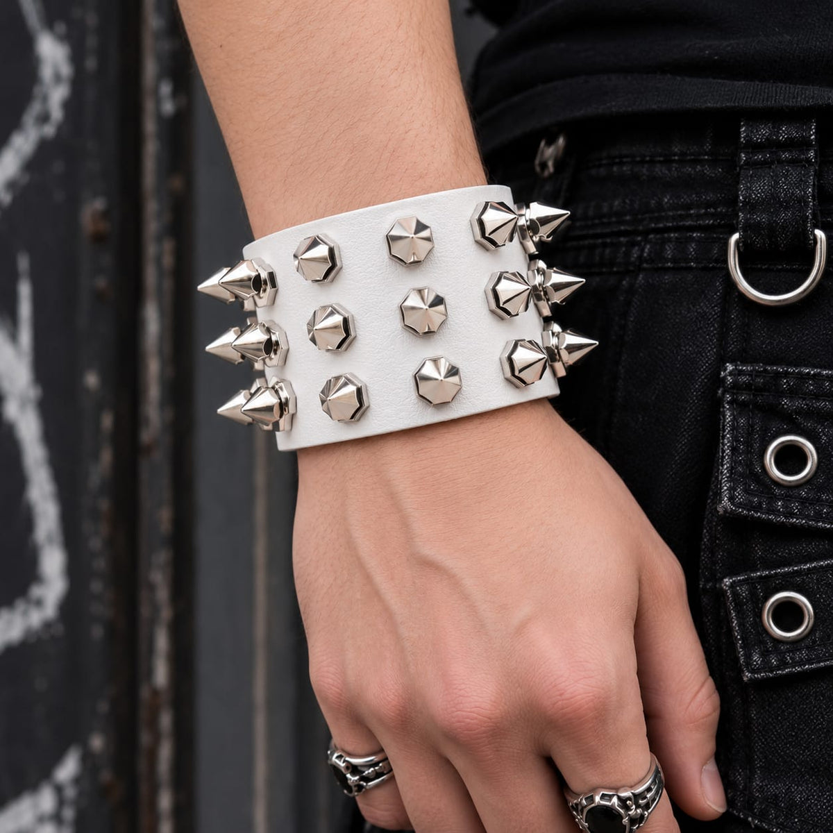 Punk'd Image Ada White Spiked Wristband – PU Punk Goth Studded Cuff
