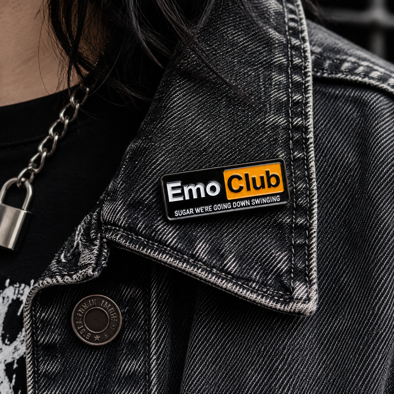 Punk'd Image Emo Club Enamel Pin Badge Black & Orange