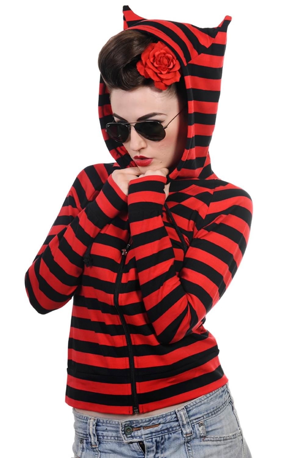 Banned Apparel Red Black Striped Cat Ears Hoodie