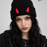 Punk'd Image Red Devil Beanie Hat – Black Acrylic Horn Design – One Size