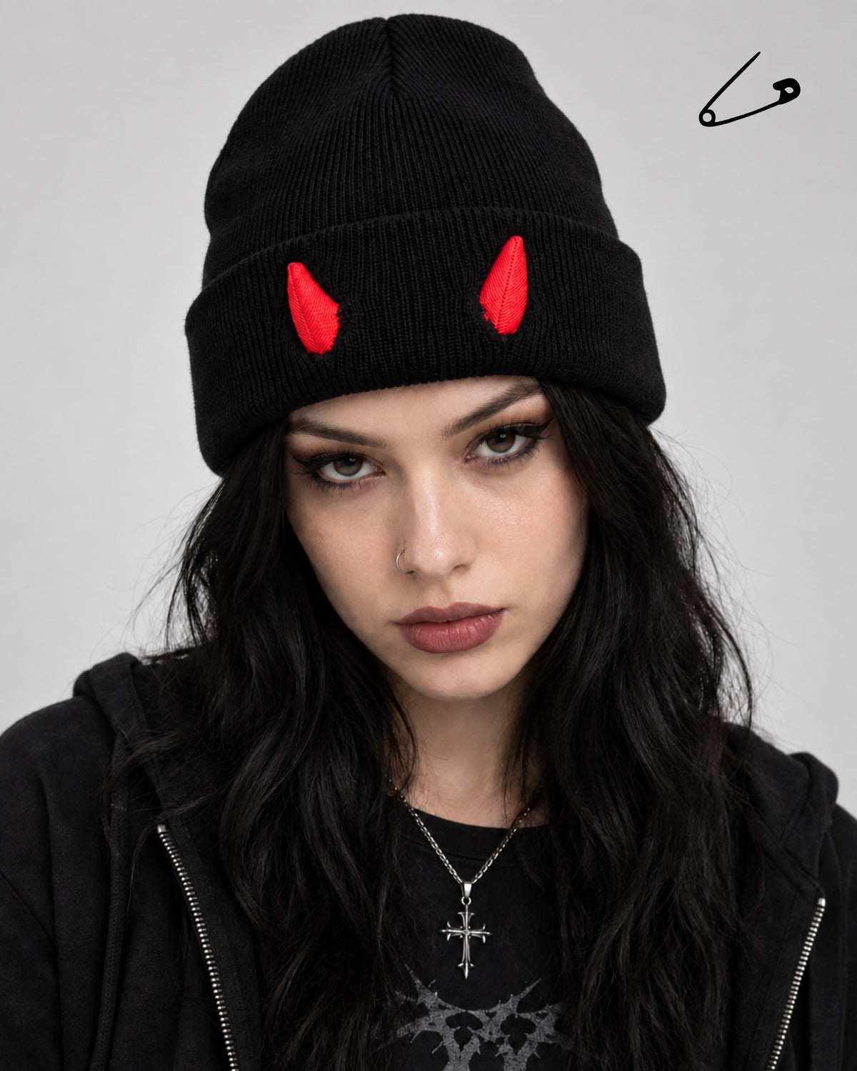 Punk'd Image Red Devil Beanie Hat Black Acrylic Horn Design  One Size