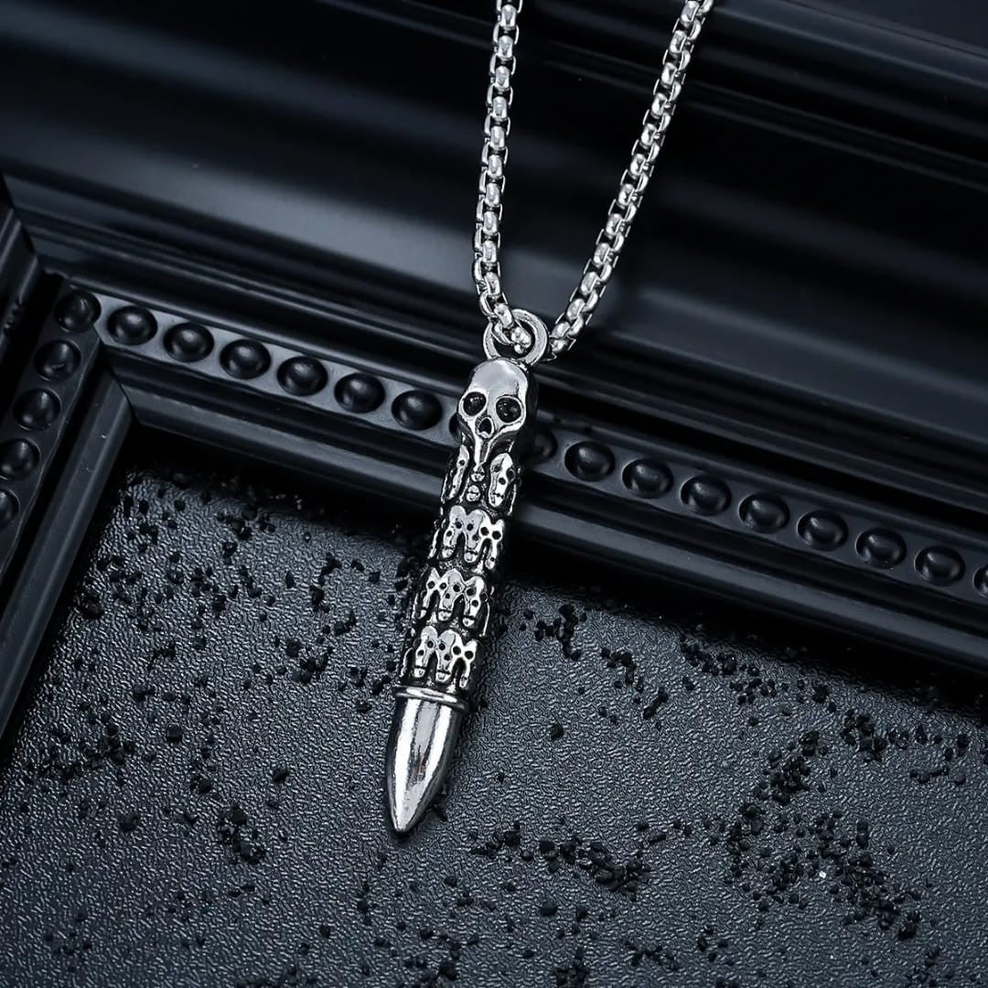Skull Bullet Pendant Necklace Gothic Punk Stainless Steel Chain1