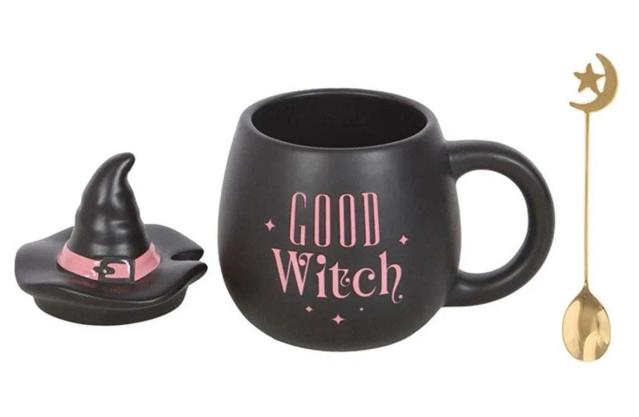 Good Witch Pink Witches Hat Lidded Mug with Spoon Gift Set3