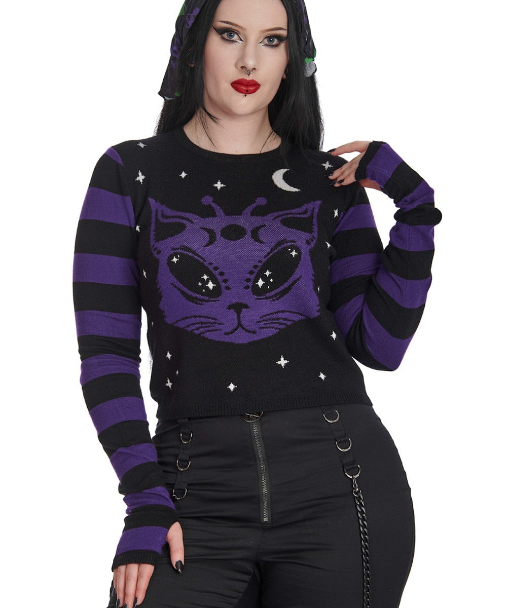 Banned Apparel Black/Purple Alien Space Cat Jumper Emo Gothic Punk Rock Occult0