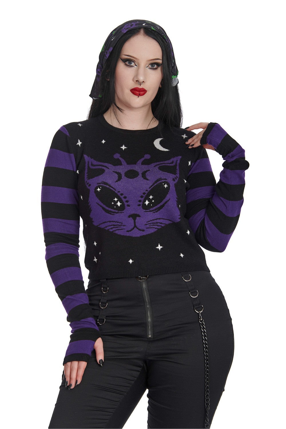 Banned Apparel Black/Purple Alien Space Cat Jumper Emo Gothic Punk Rock Occult0