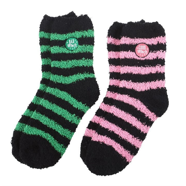 Set of 2 Good Witch and Bad Witch Fluffy Socks Gothic Halloween Gift Alternative0