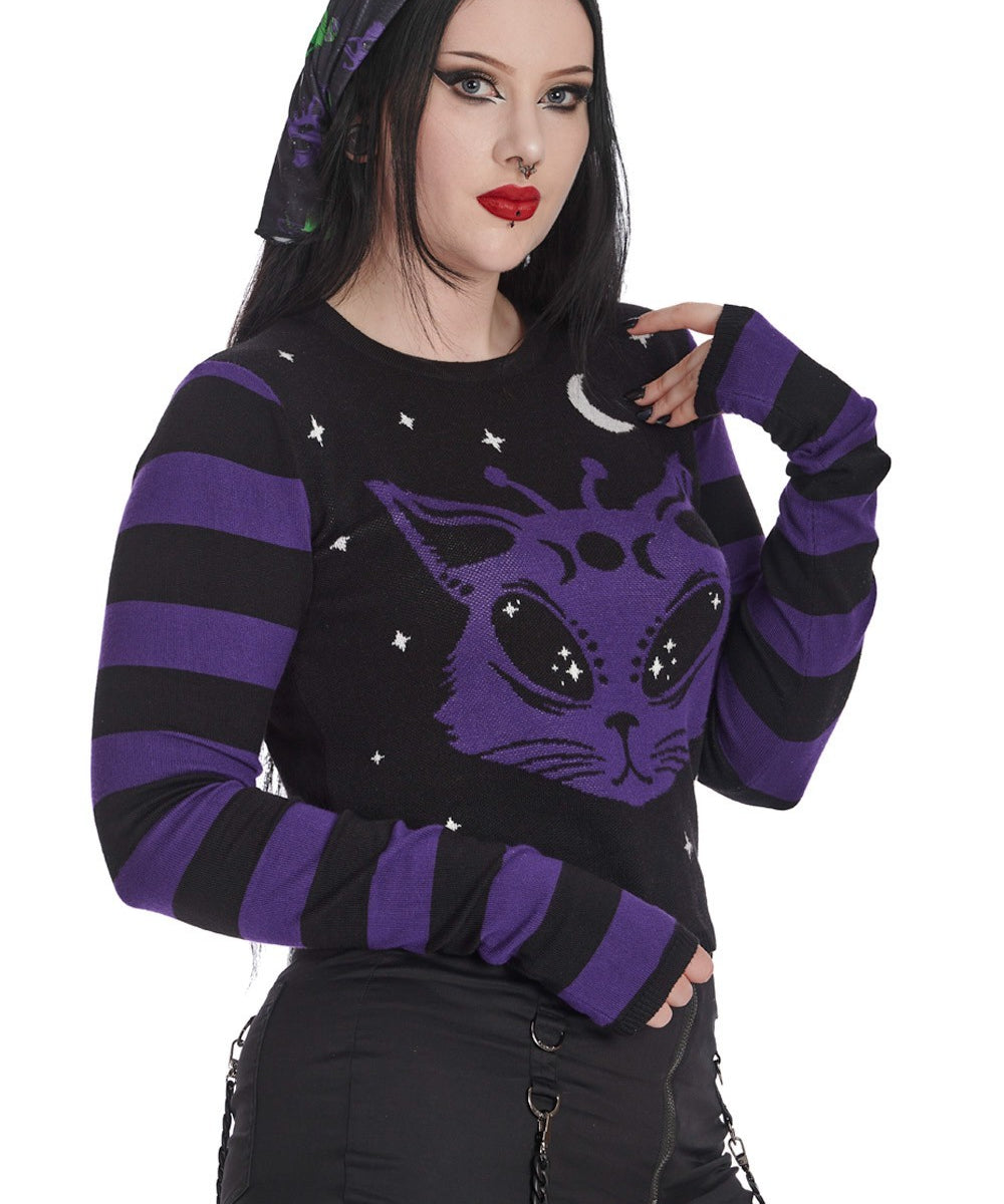 Banned Apparel Black/Purple Alien Space Cat Jumper Emo Gothic Punk Rock Occult1