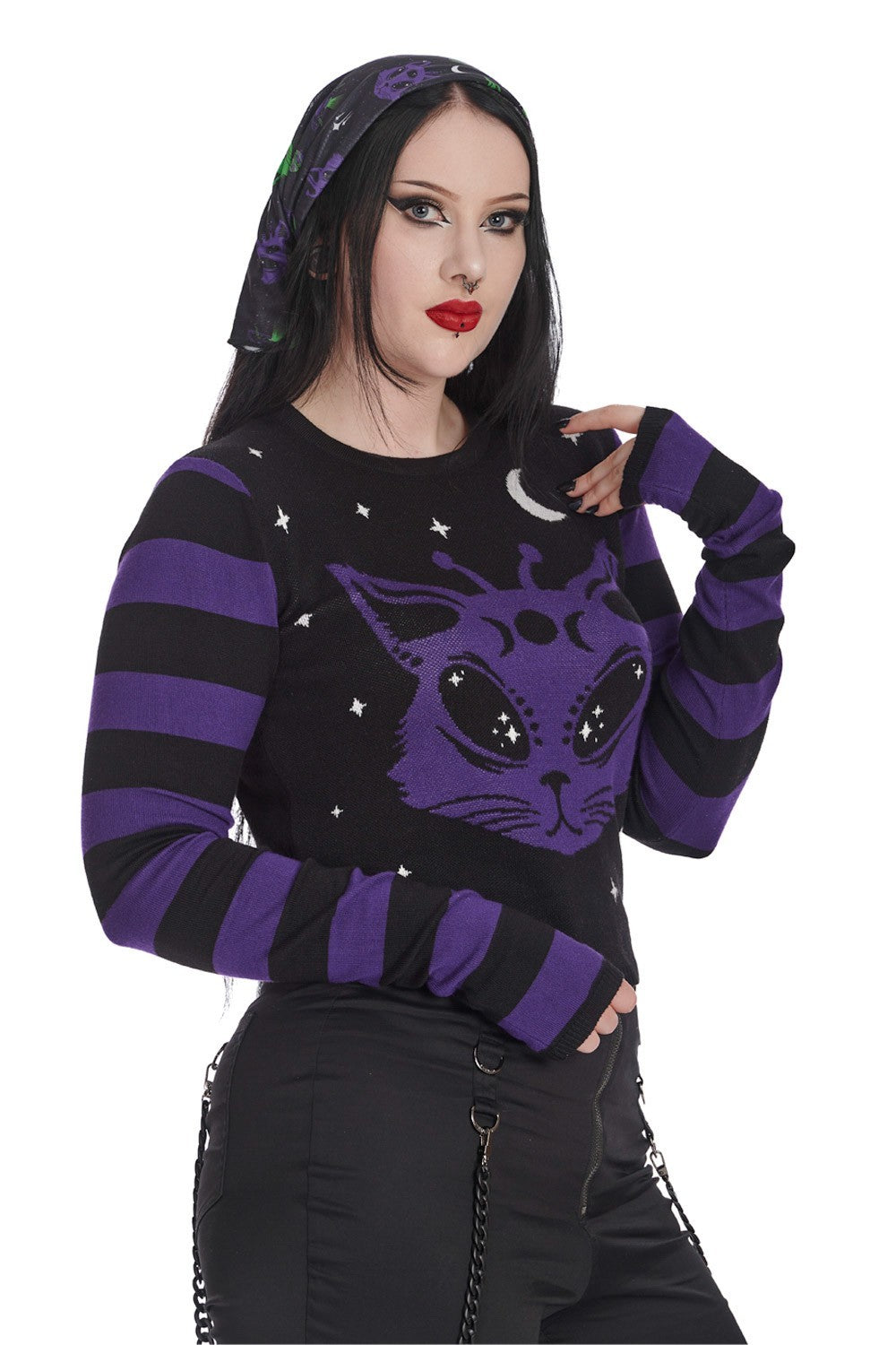 Banned Apparel Black/Purple Alien Space Cat Jumper Emo Gothic Punk Rock Occult1