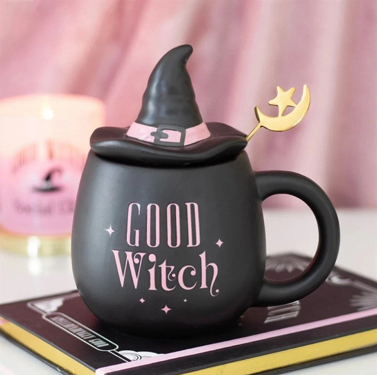 Good Witch Pink Witches Hat Lidded Mug with Spoon Gift Set0