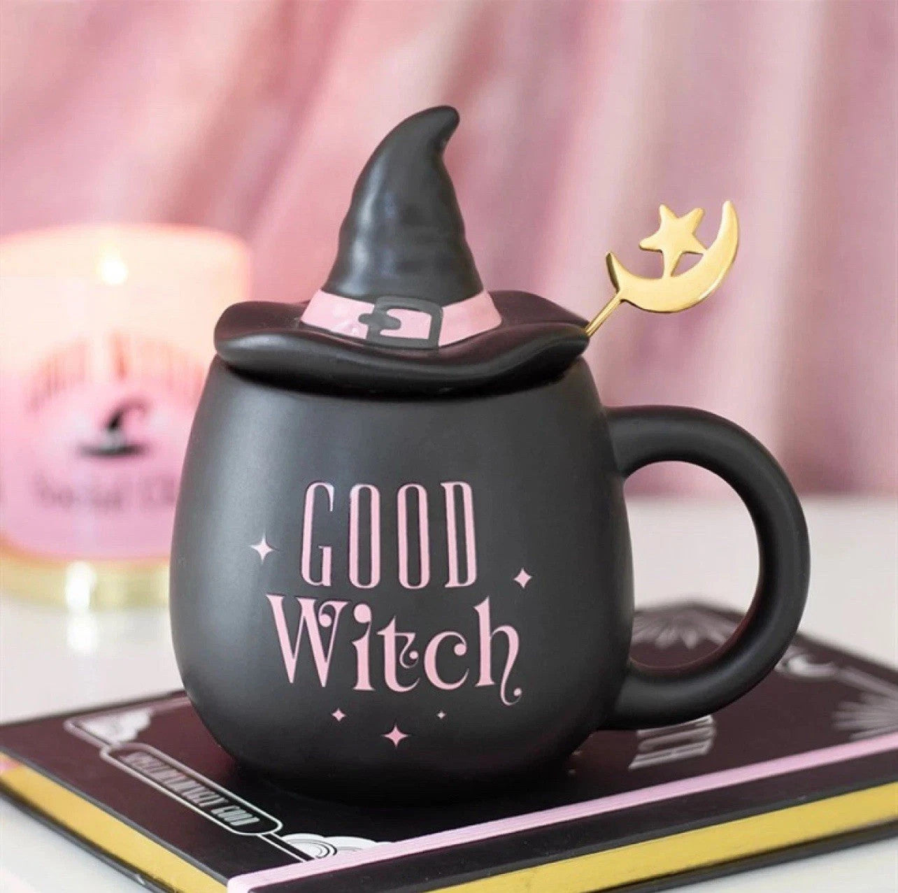 Good Witch Pink Witches Hat Lidded Mug with Spoon Gift Set0