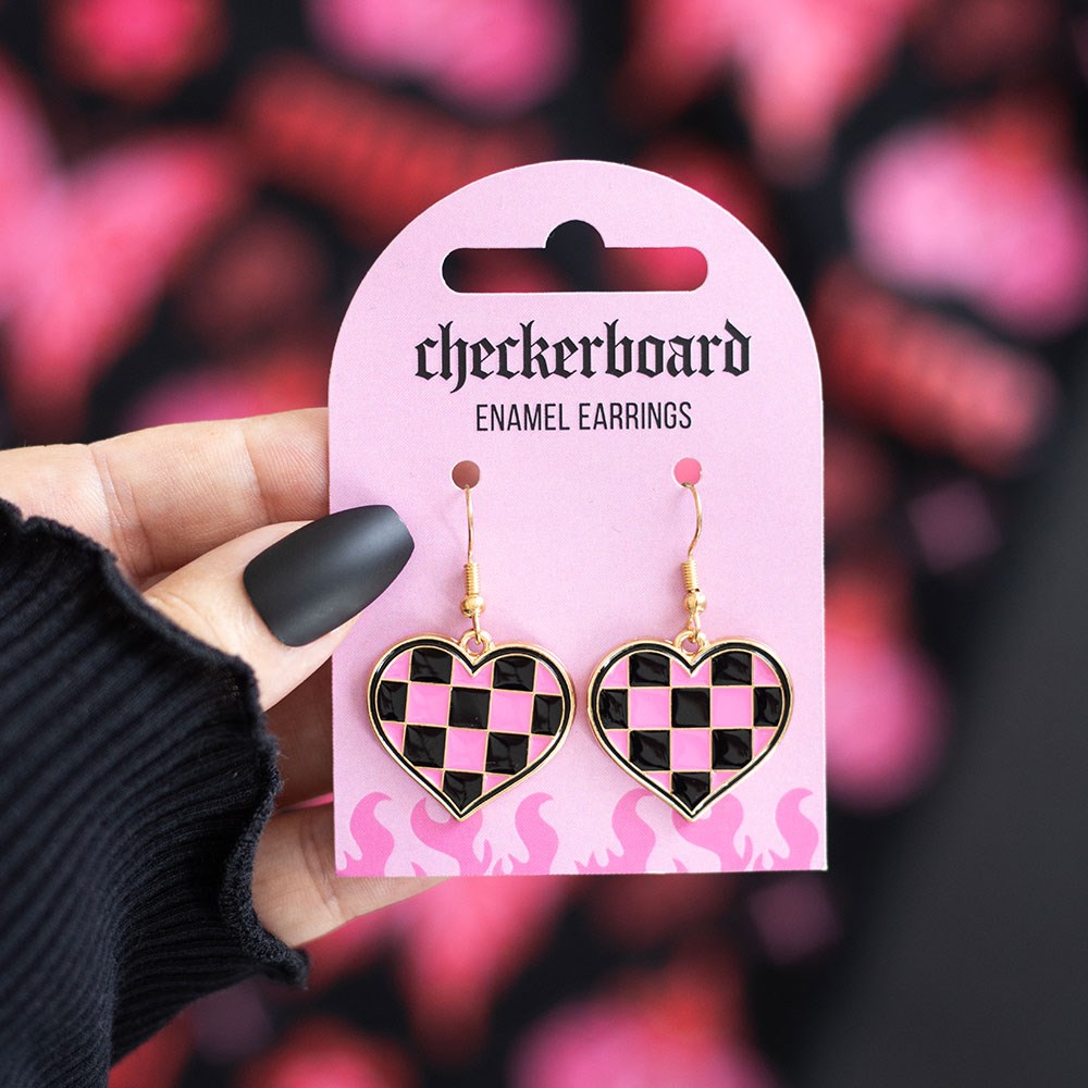 Checkerboard Heart Emo Punk Grunge Gothic Alt Cute Earrings