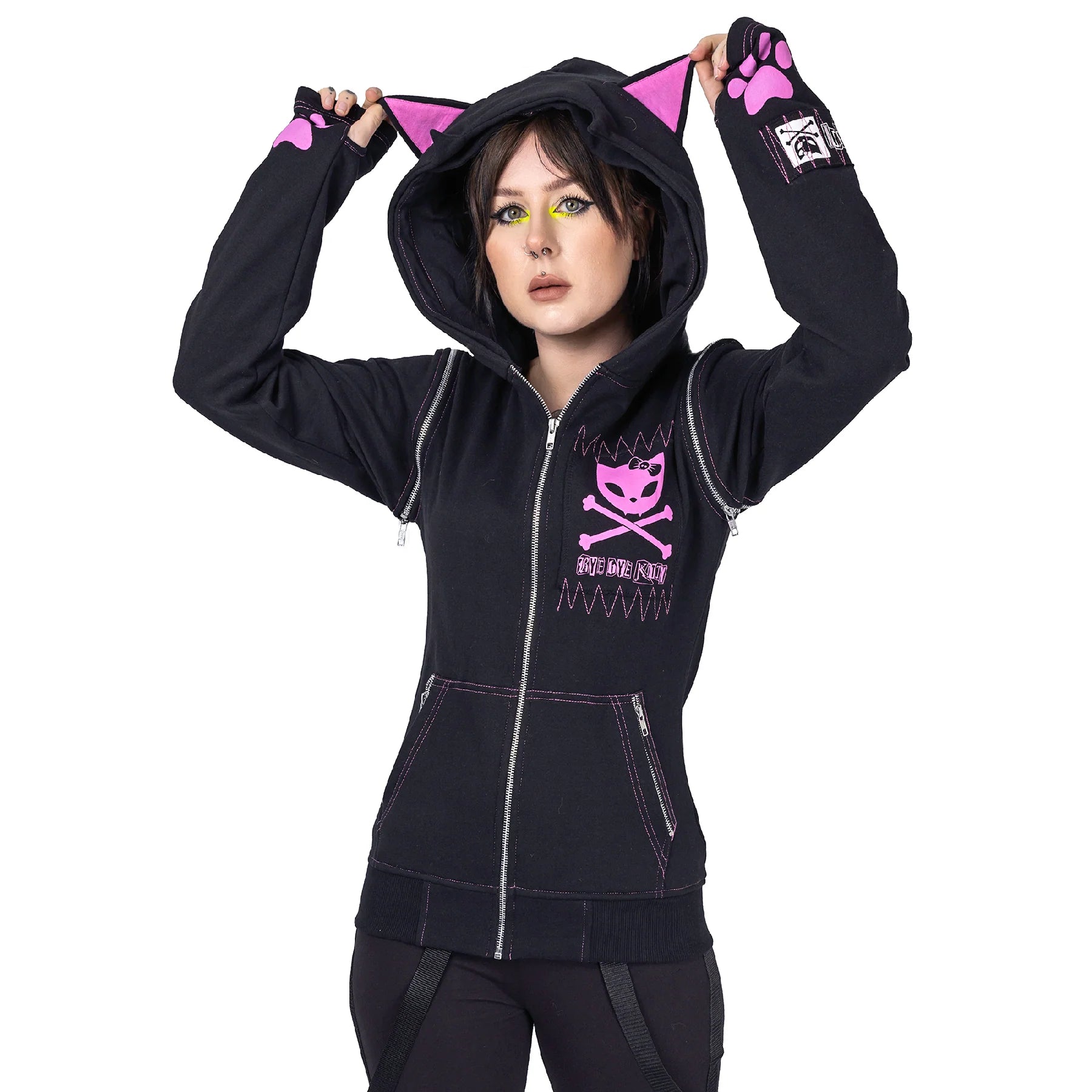 Bye Bye Kitty BKK Killer Black Gothic Cat Ear Zip Hoodie
