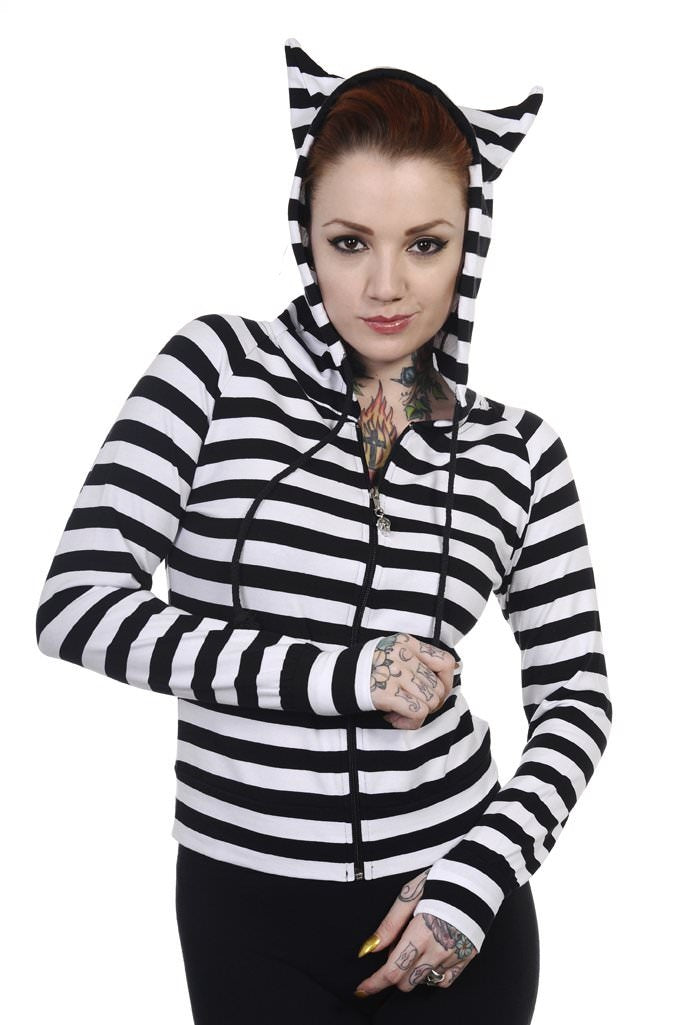 Banned Apparel White Black Striped Cat Ears Hoodie
