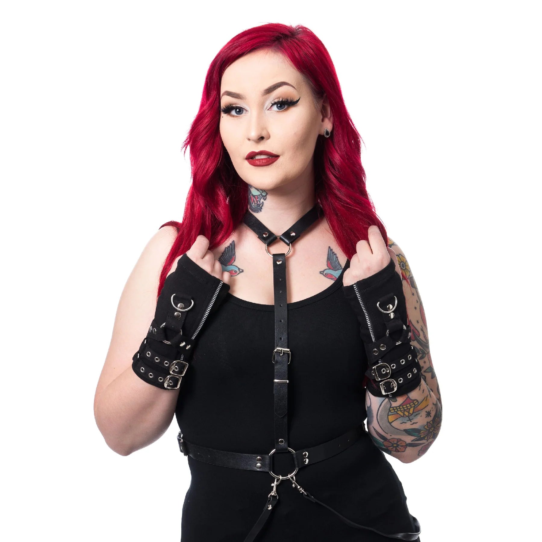 Poizen Industries Ellis Black Gothic Zip-Up Buckle Arm Warmers