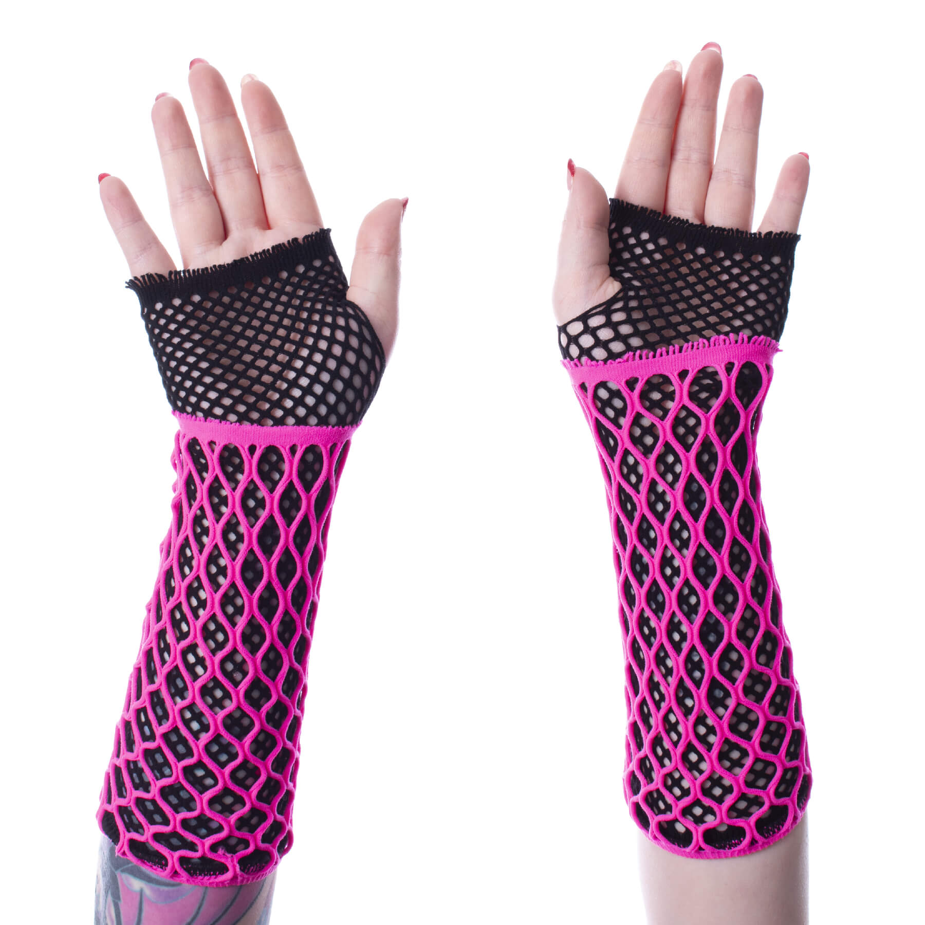 Poizen Industries Lolita Fingerless Pink/Black Mesh Gloves Gothic Emo Punk