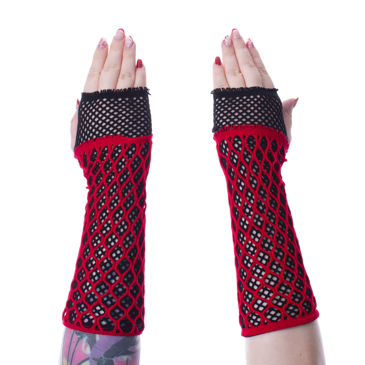 Poizen Industries Lolita Fingerless Red/Black Mesh Gloves Gothic Emo Punk