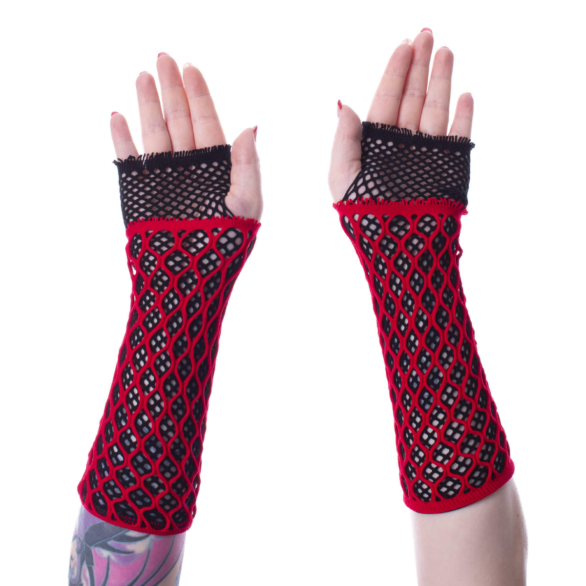 Poizen Industries Lolita Fingerless Red/Black Mesh Gloves Gothic Emo Punk