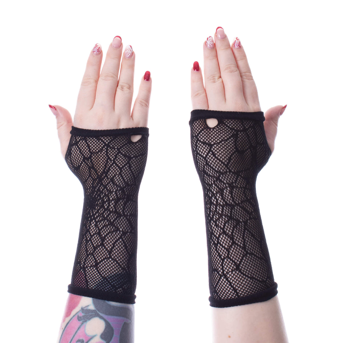 Poizen Industries Long Web Black Mesh Fingerless Gloves Gothic Emo Punk