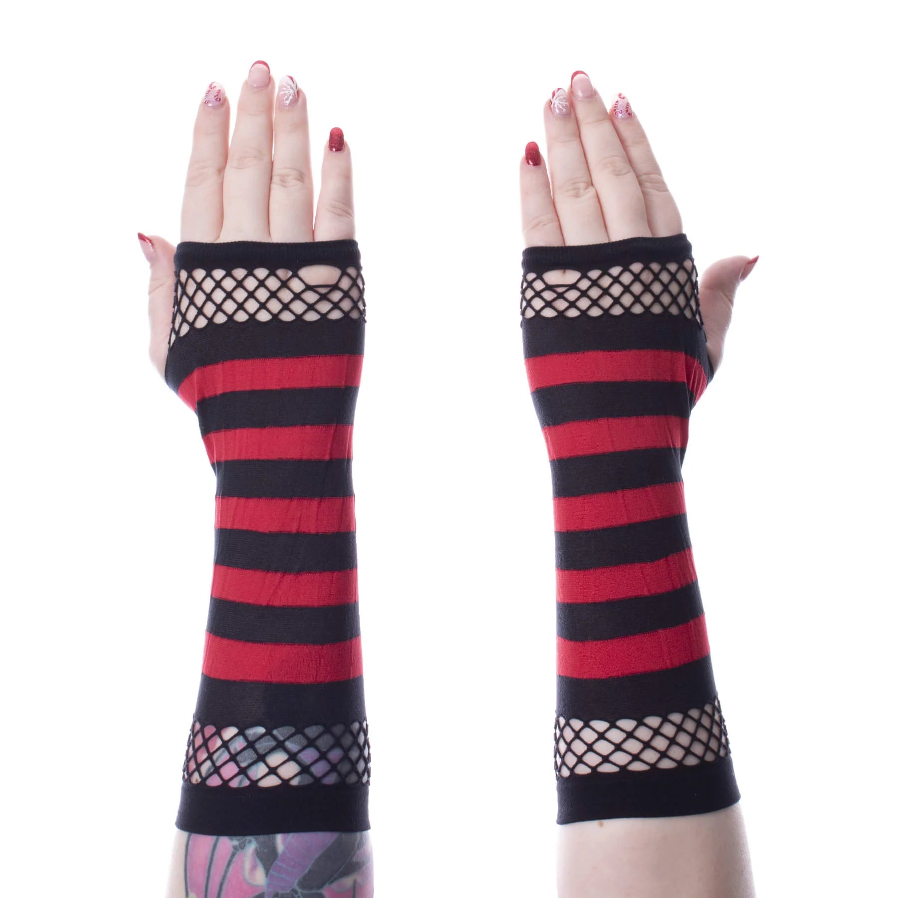 Poizen Industries Red Striped Social Fishnet Mesh Fingerless Gloves Gothic Emo Punk