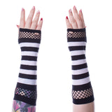 Poizen Industries White Striped Social Fishnet Mesh Fingerless Gloves Gothic Emo Punk