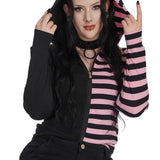 Banned Apparel Pink Black Striped Shiori Cat Ears Hoodie