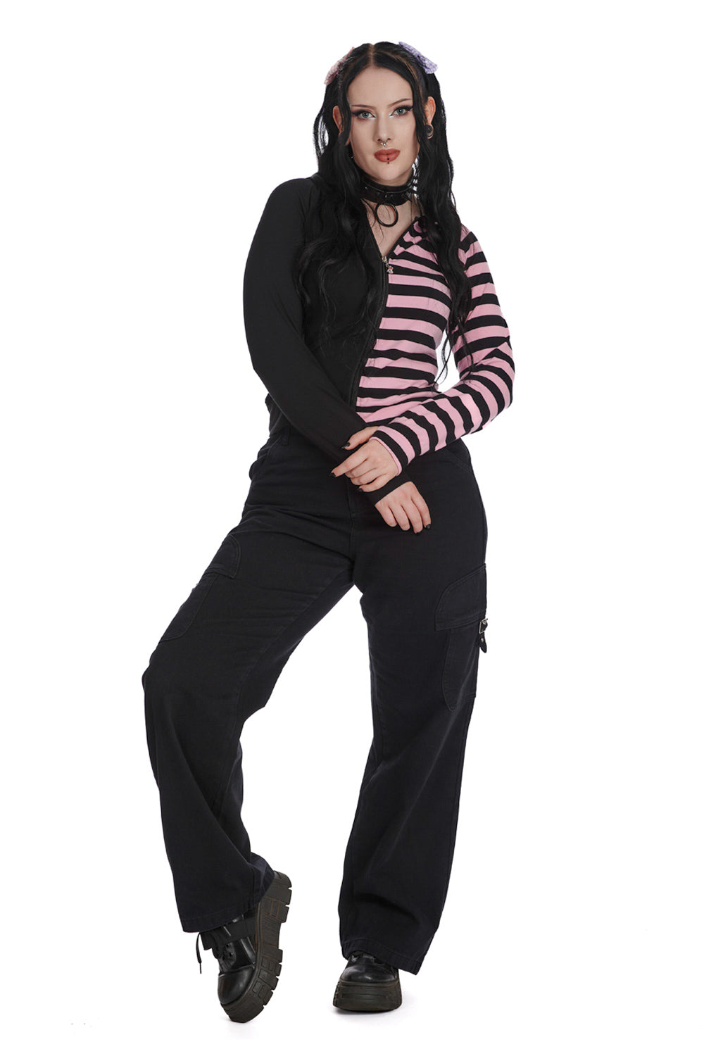 Banned Apparel Pink Black Striped Shiori Cat Ears Hoodie