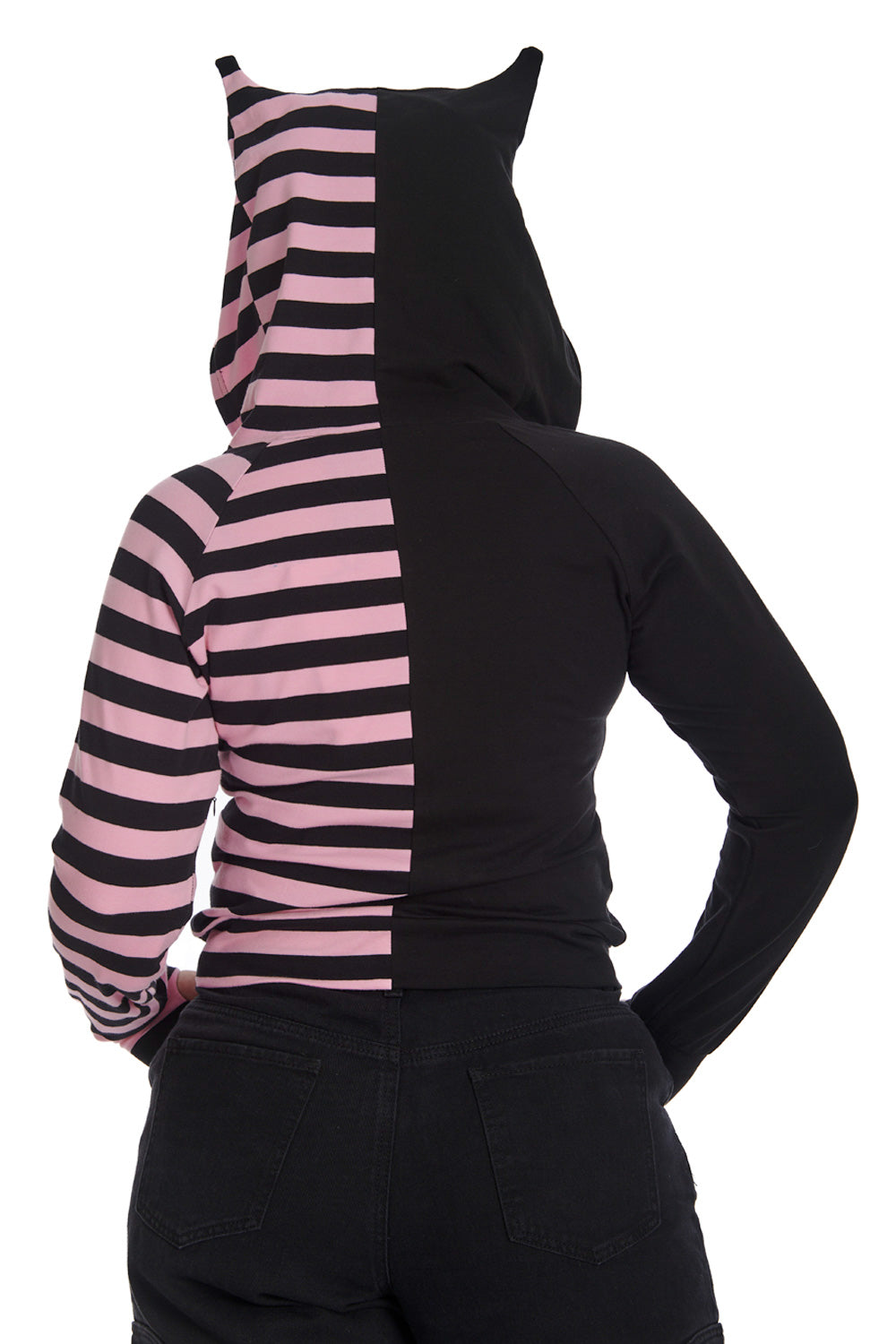 Banned Apparel Pink Black Striped Shiori Cat Ears Hoodie