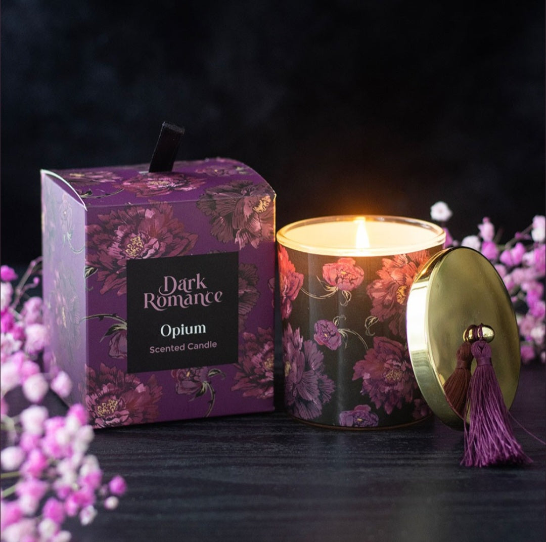 Dark Romance Opium Scented Candle Gothic Floral Glass Jar with Tassel Lid