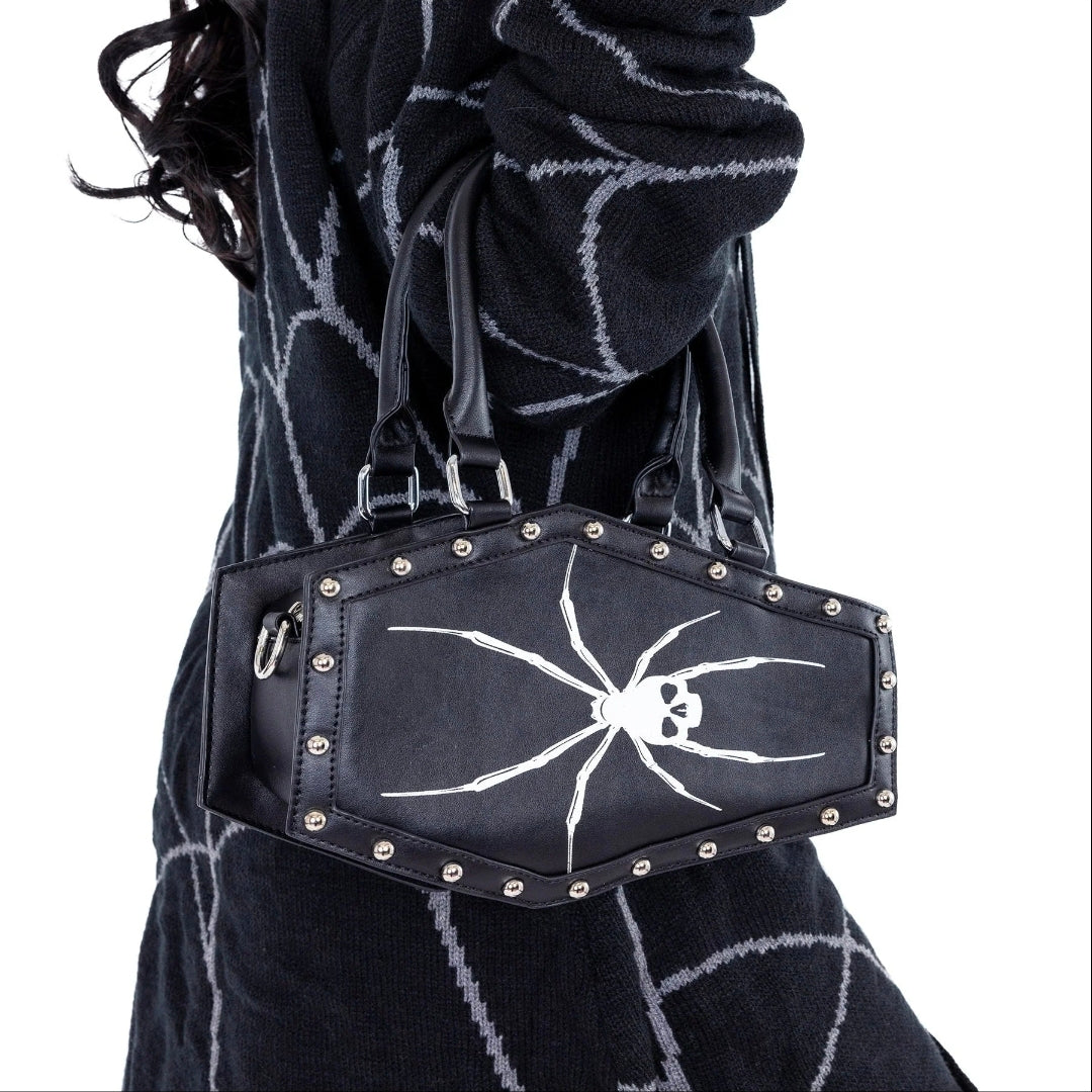 Heartless Widow Maker Coffin Bag Black Gothic Spider Skull Handbag