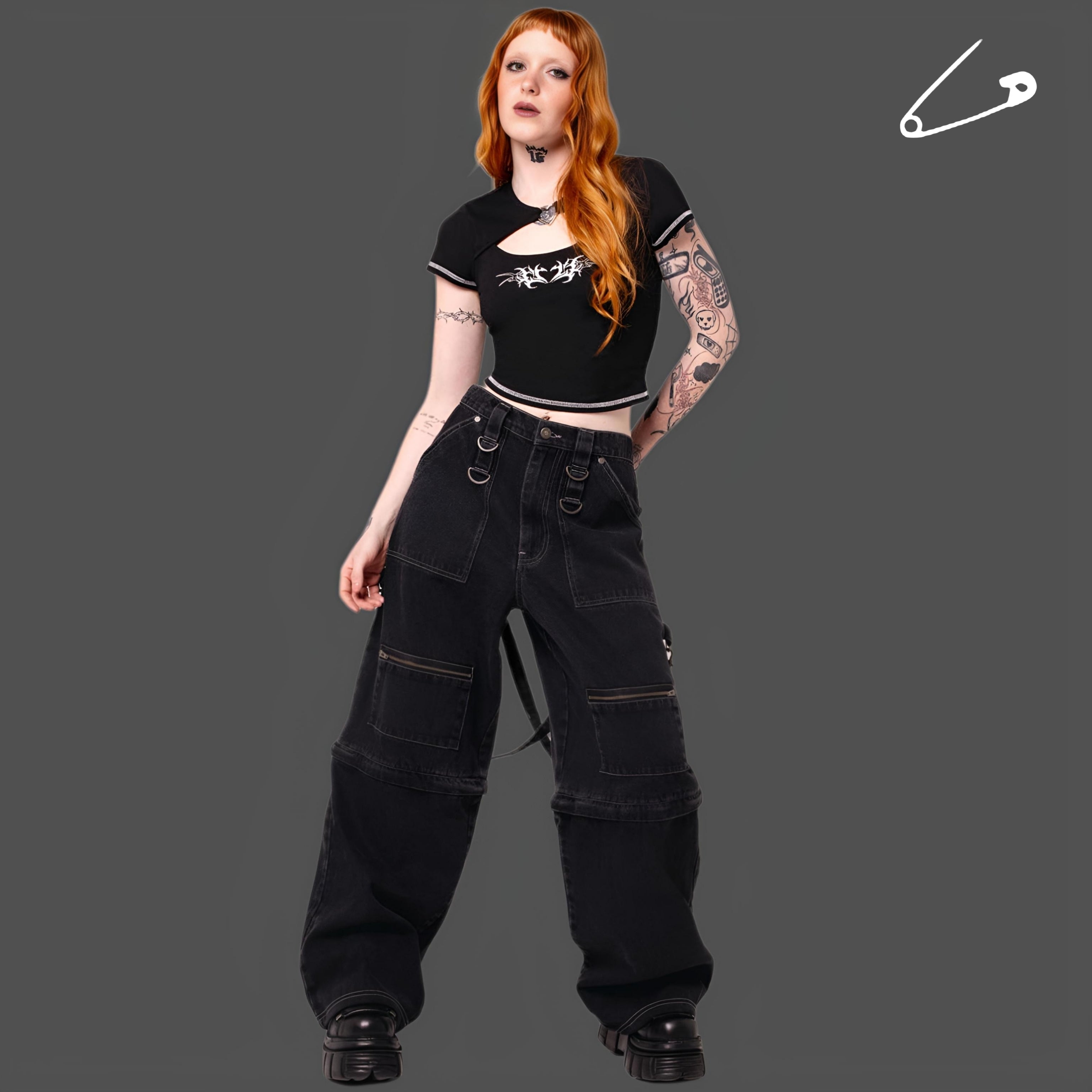 Hell Bunny Sid X Baggy Trousers Black Goth Utility Wide-Leg Pants
