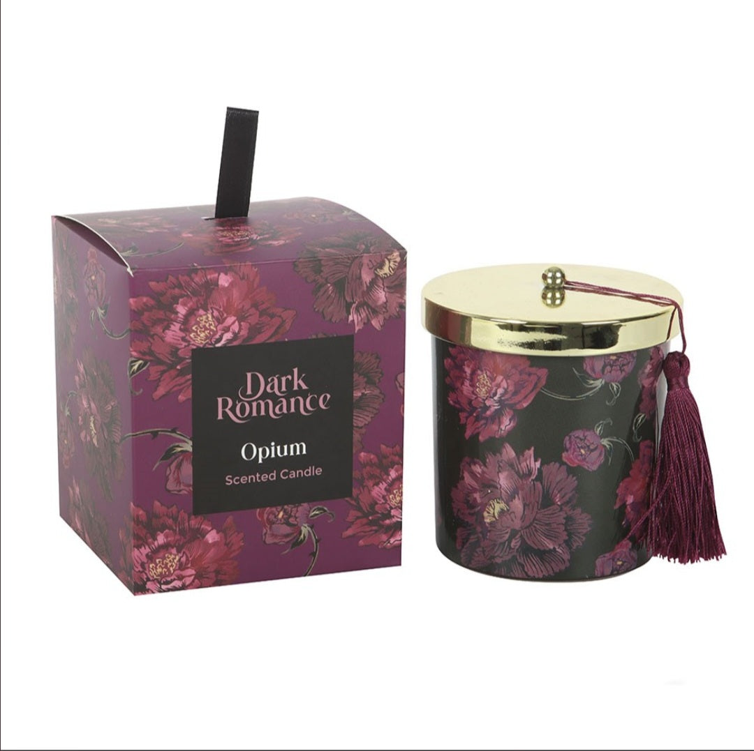 Dark Romance Opium Scented Candle Gothic Floral Glass Jar with Tassel Lid