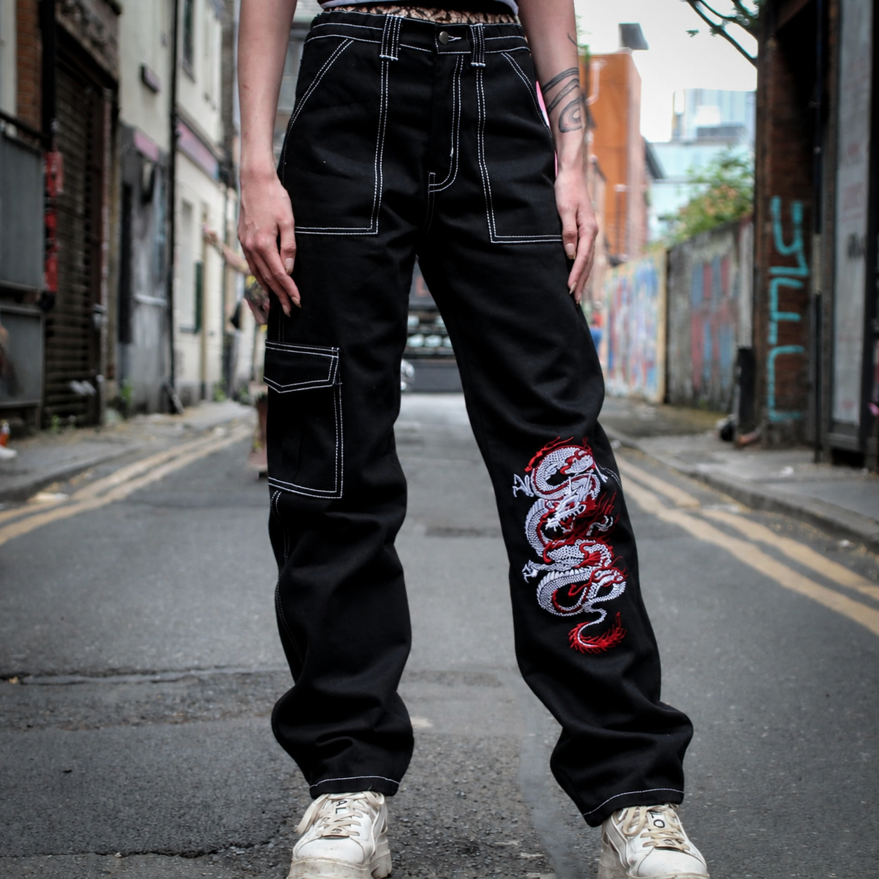 Punk'd Image Dragon Black Cargo Carpenter Jeans
