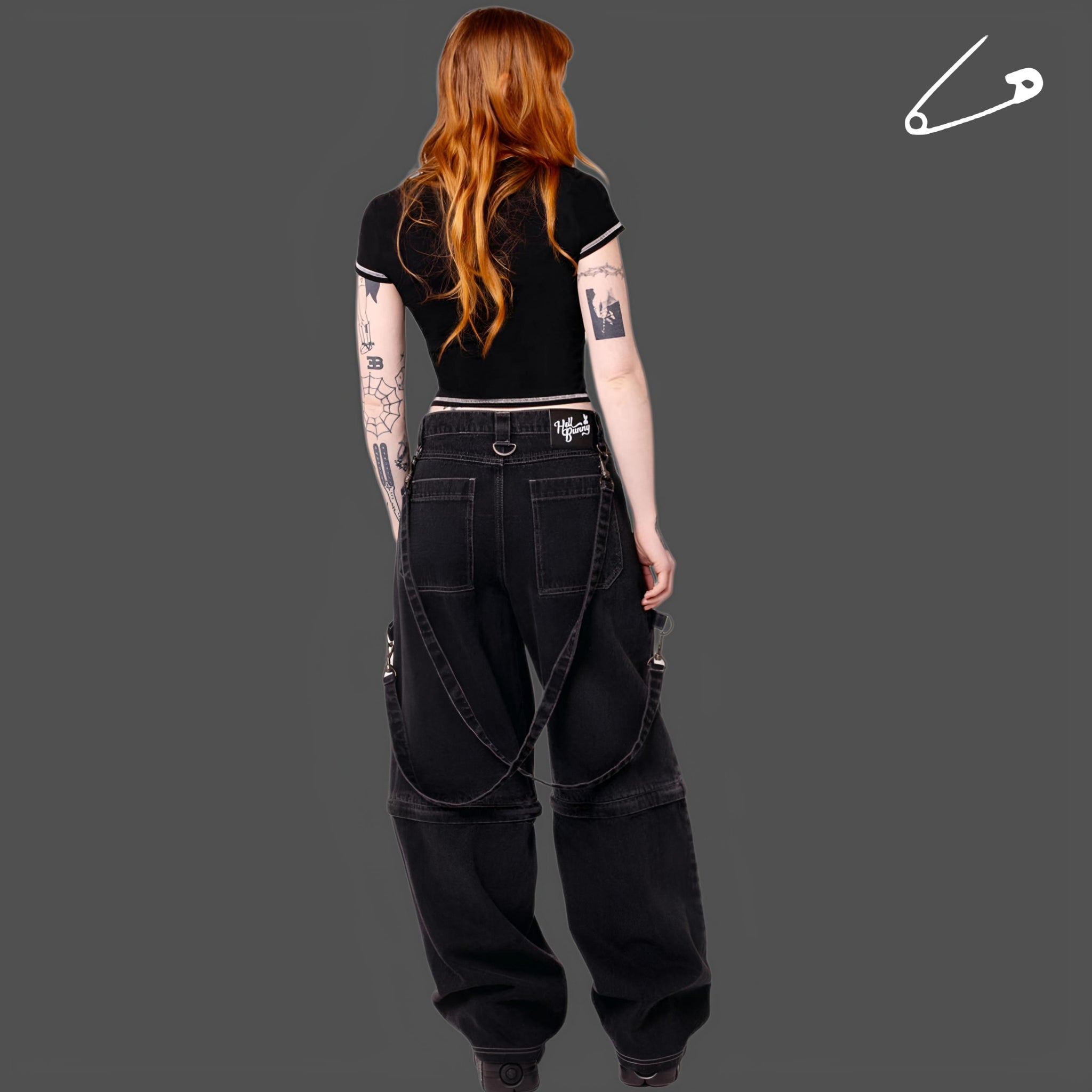 Hell Bunny Sid X Baggy Trousers Black Goth Utility Wide-Leg Pants