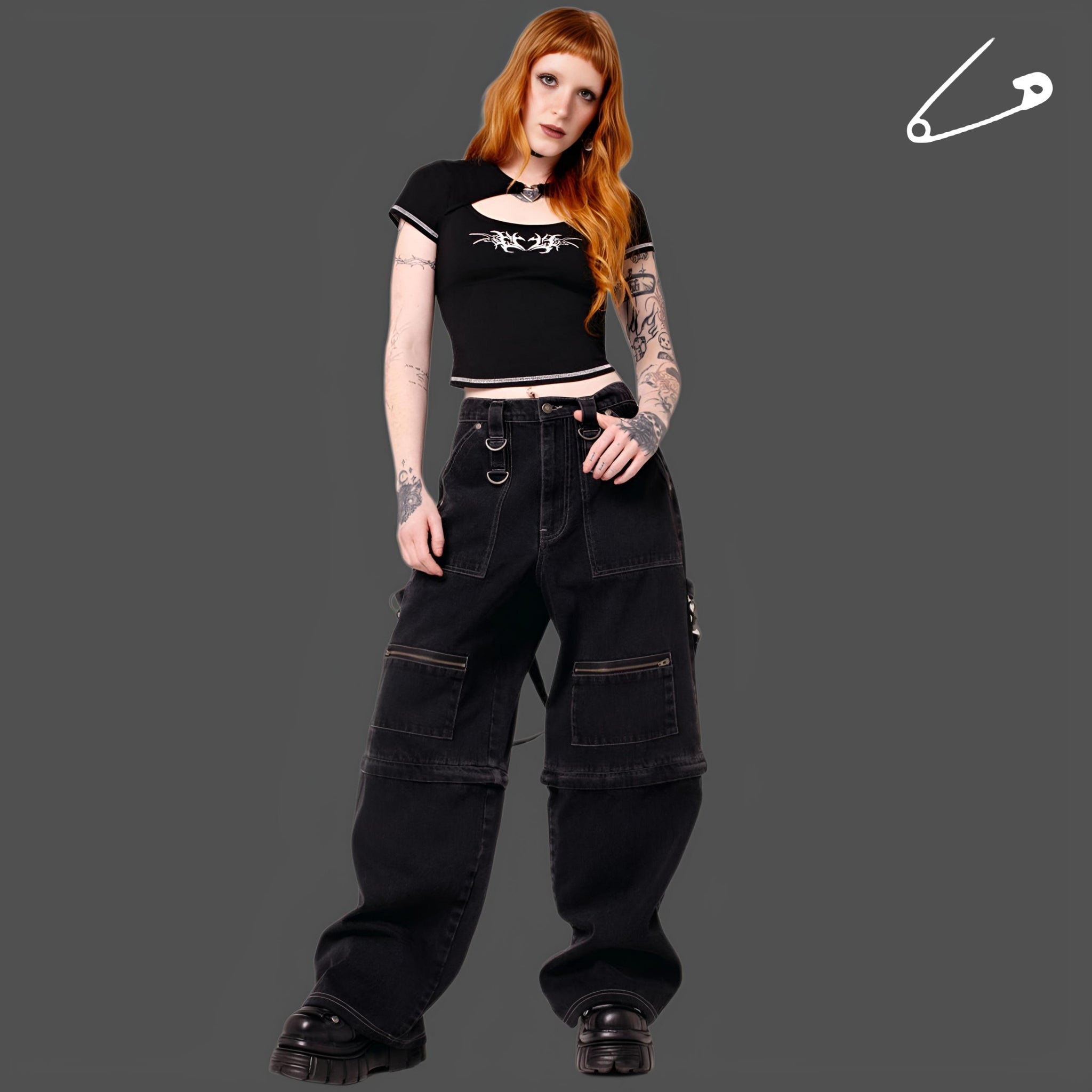 Hell Bunny Sid X Baggy Trousers Black Goth Utility Wide-Leg Pants