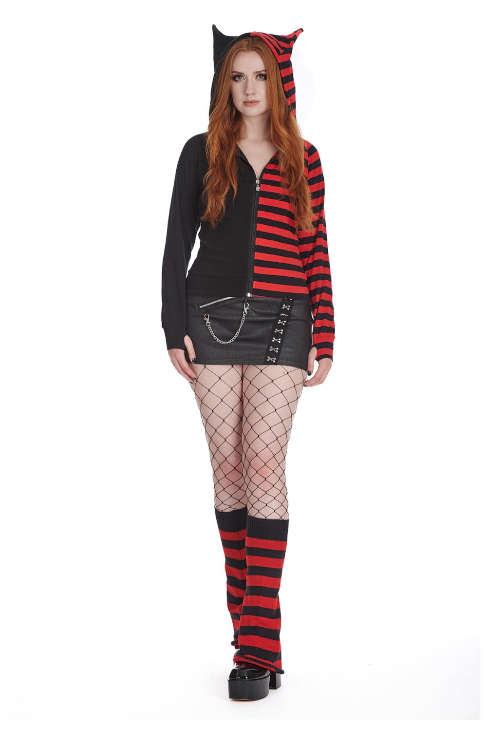 Banned Apparel Red Black Striped Shiori Cat Ears Hoodie