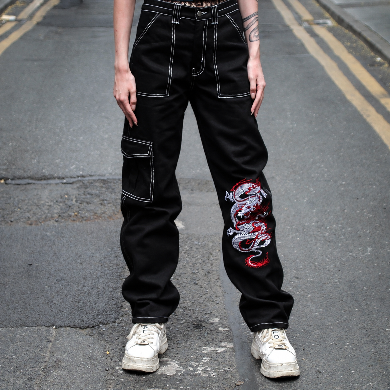 Punk'd Image Dragon Black Cargo Carpenter Jeans