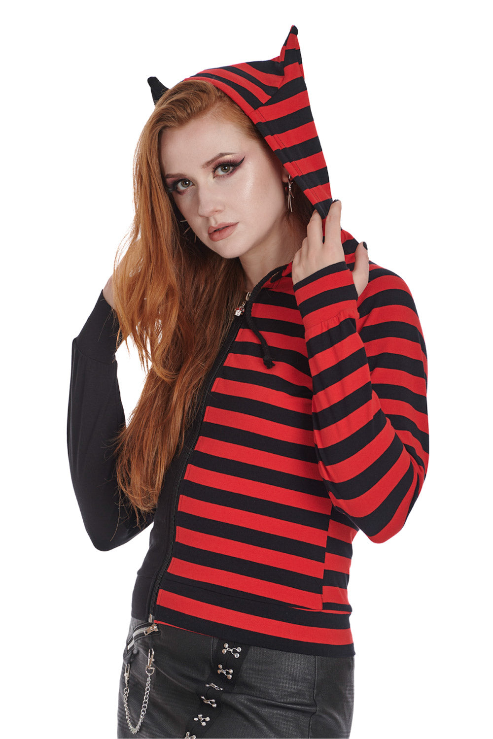 Banned Apparel Red Black Striped Shiori Cat Ears Hoodie