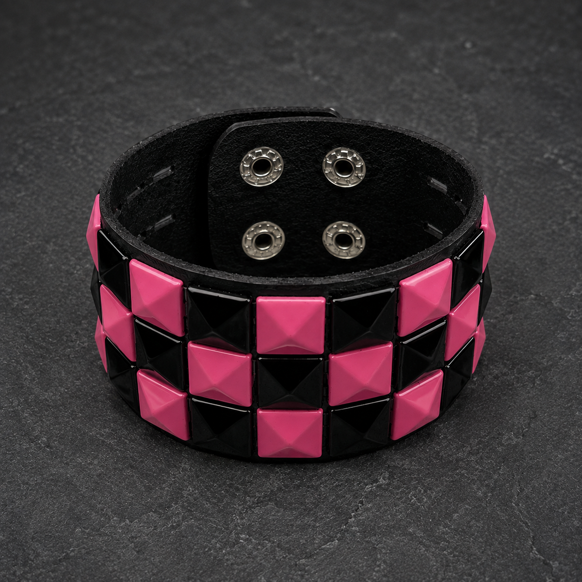 Pink Check 3 Row Studded Alternative Wristband