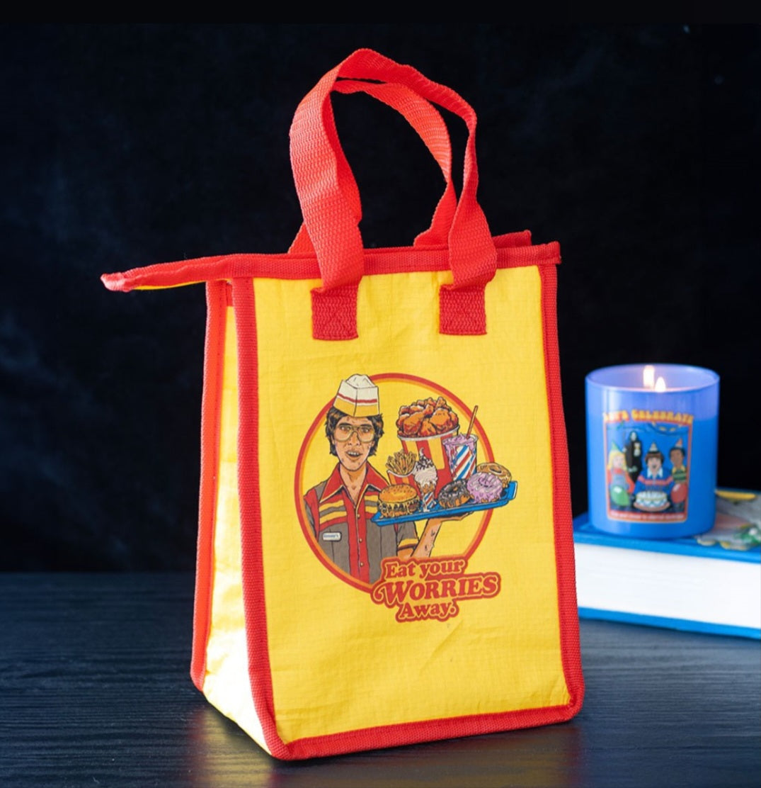 Steven Rhodes “Eat Your Worries Away” Retro Lunch Bag – Funny Gift Tote for Adults