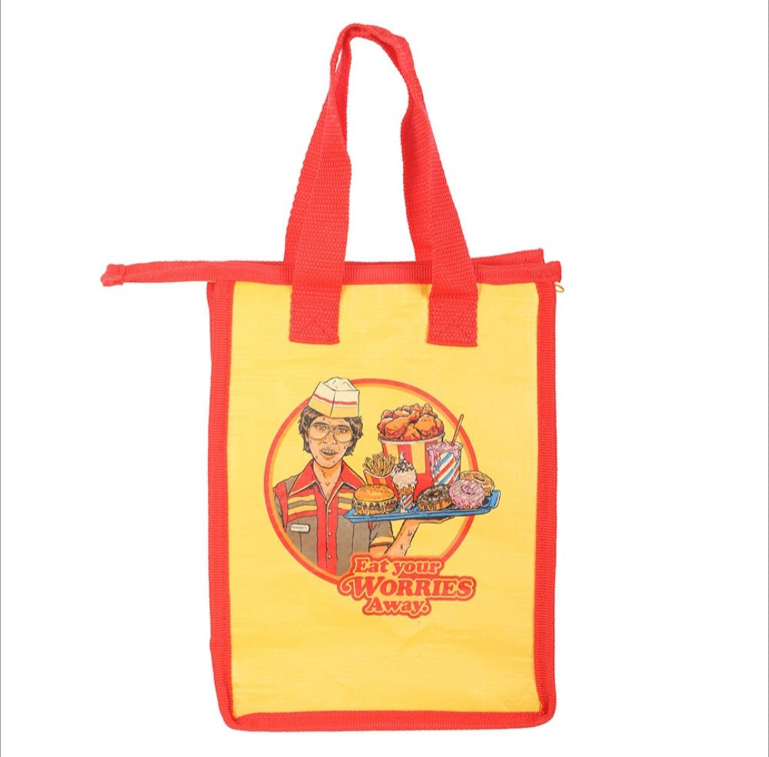 Steven Rhodes “Eat Your Worries Away” Retro Lunch Bag – Funny Gift Tote for Adults