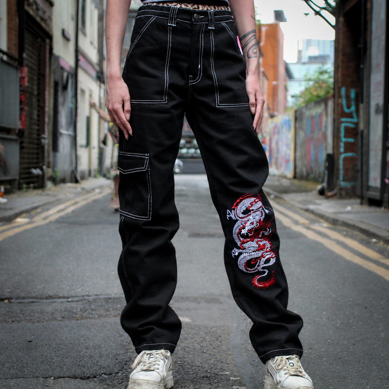 Punk'd Image Dragon Black Cargo Carpenter Jeans