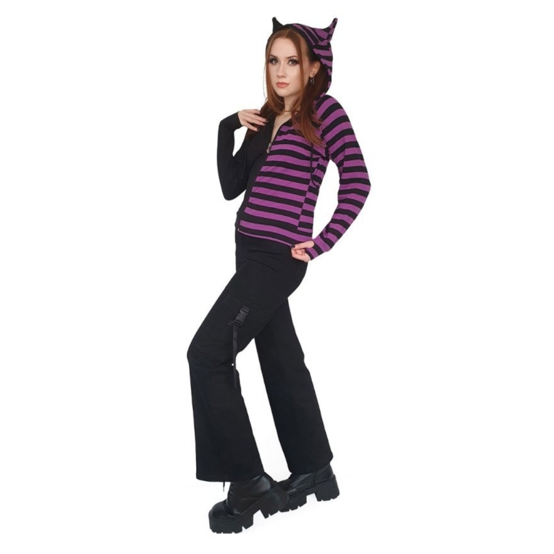 Banned Apparel Purple Black Striped Shiori Cat Ears Hoodie