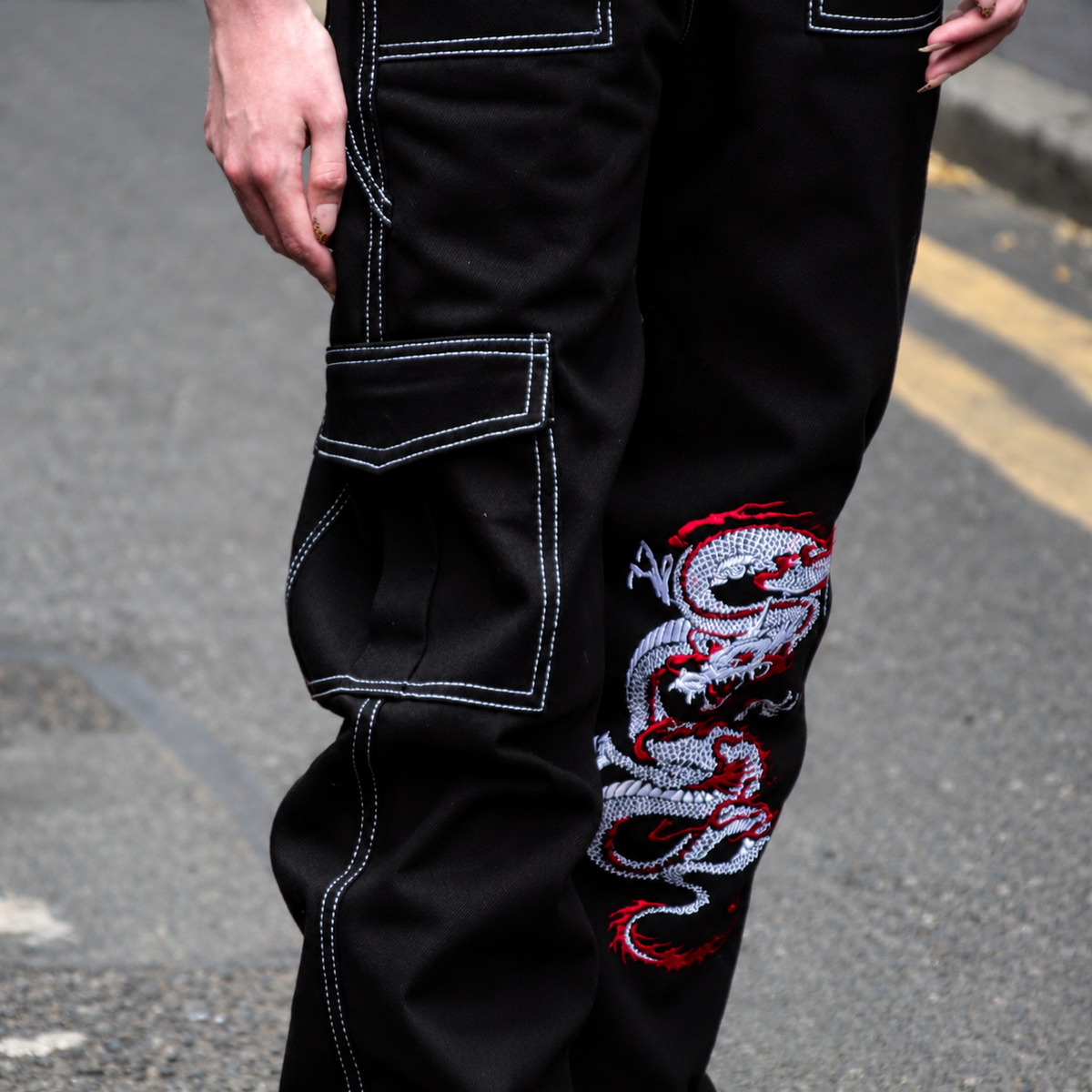 Punk'd Image Dragon Black Cargo Carpenter Jeans