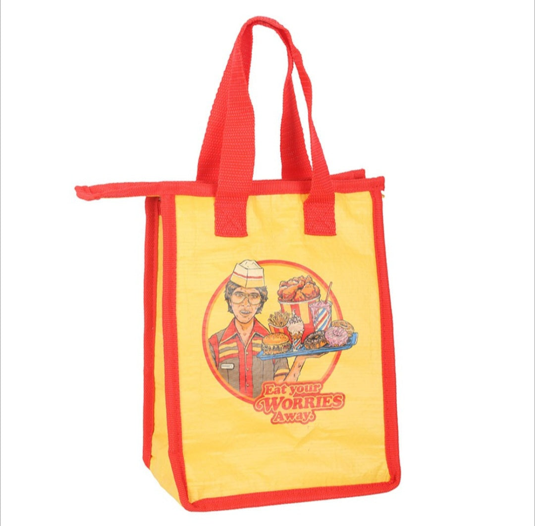Steven Rhodes “Eat Your Worries Away” Retro Lunch Bag – Funny Gift Tote for Adults