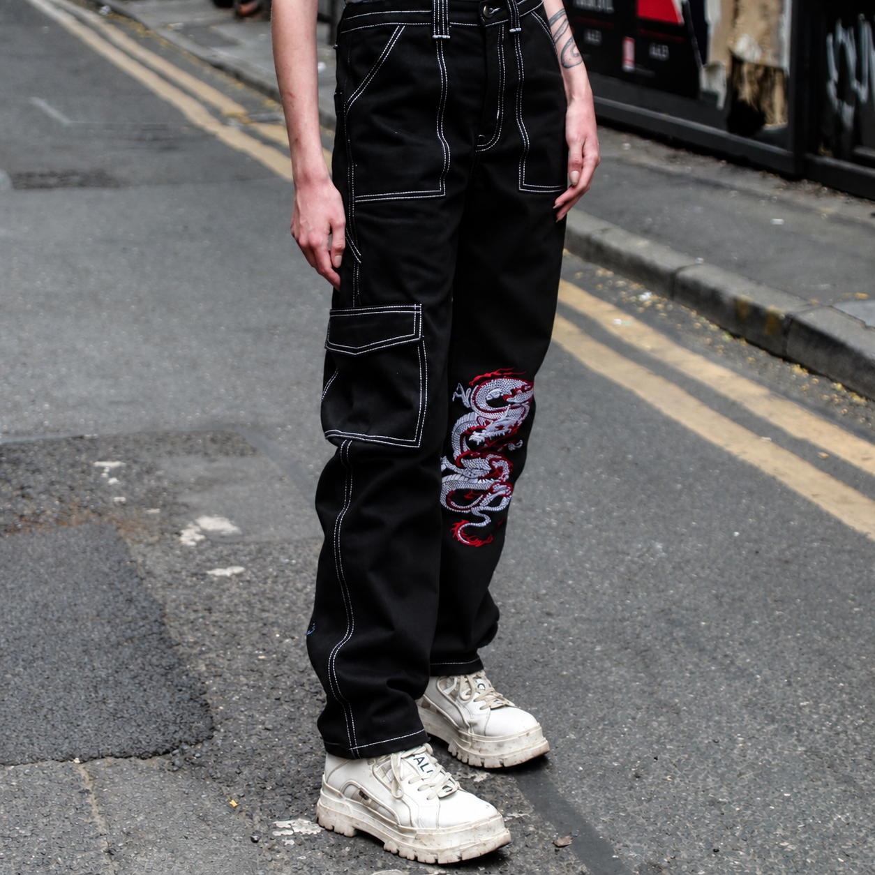 Punk'd Image Dragon Black Cargo Carpenter Jeans