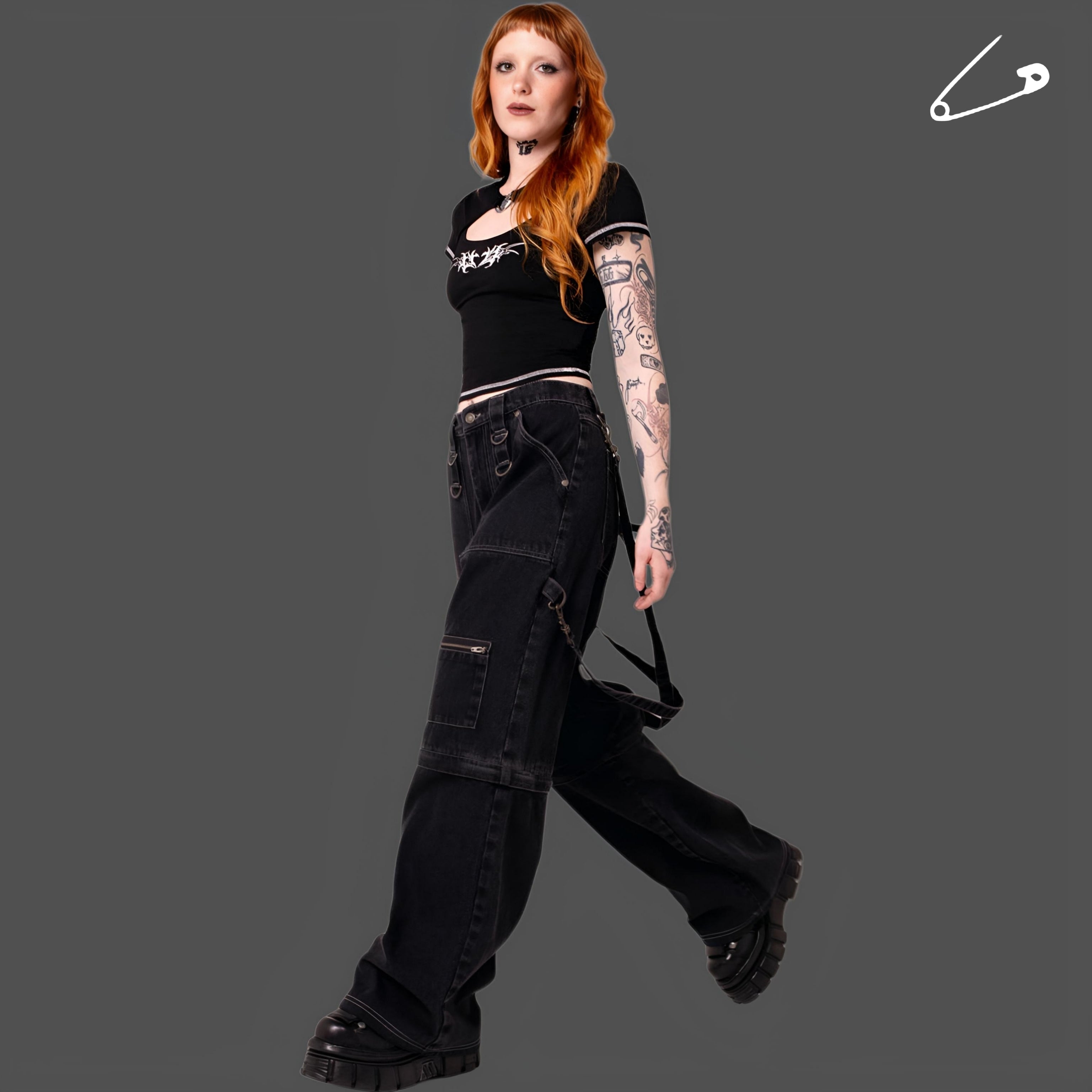 Hell Bunny Sid X Baggy Trousers Black Goth Utility Wide-Leg Pants
