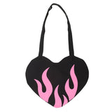 Burning Heart Pink Flame Tote Bag – Black Heart-Shaped Y2K Emo Alt Shoulder Bag