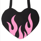 Burning Heart Pink Flame Tote Bag – Black Heart-Shaped Y2K Emo Alt Shoulder Bag