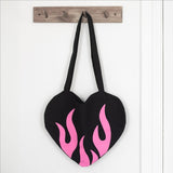 Burning Heart Pink Flame Tote Bag – Black Heart-Shaped Y2K Emo Alt Shoulder Bag